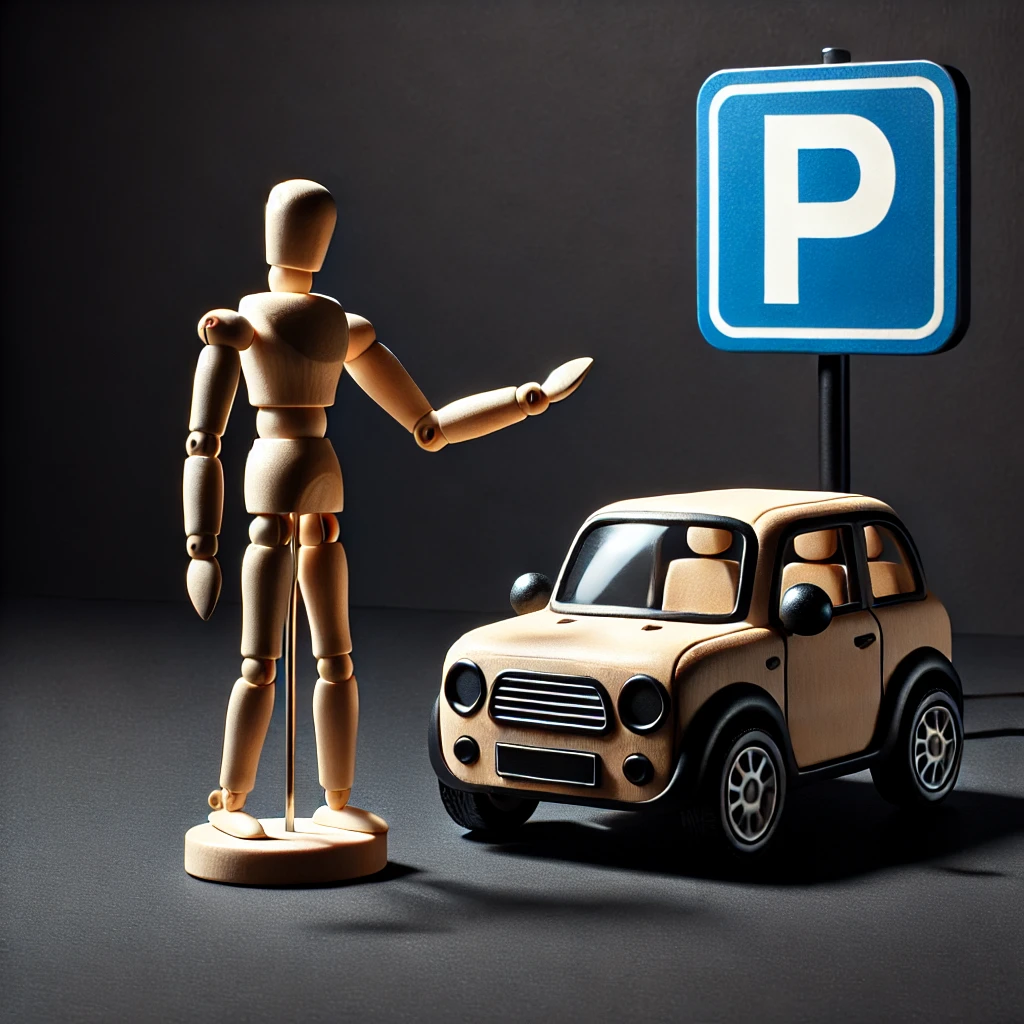 Holzfigur zeigt auf ein Auto vor einem Parkplatzschild – Symbol für die gute Erreichbarkeit und verfügbare Parkplätze im No Sports Studio in der Josefstadt.