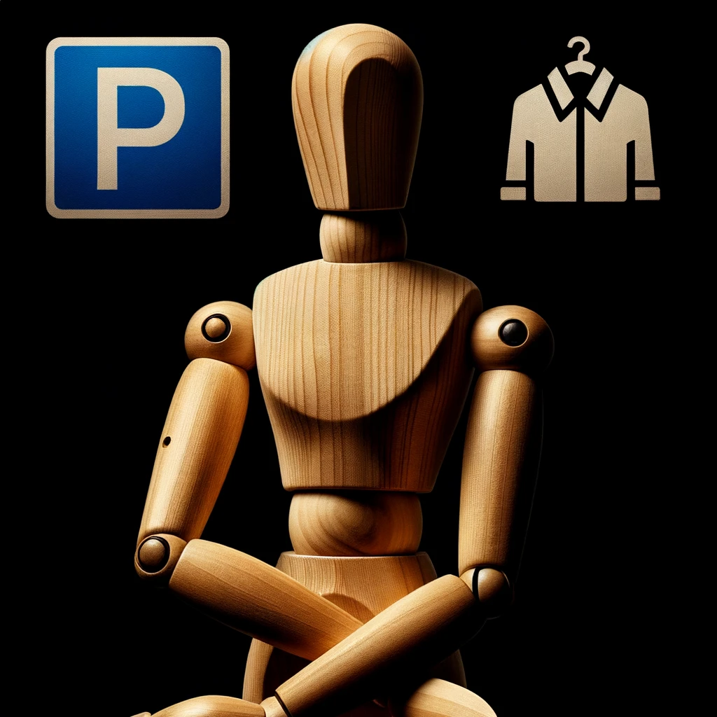 Holzfigur mit Symbolen für Parkplatz und Wäscheservice, symbolisiert schnellen und praktischen Service für intelligente Faule.